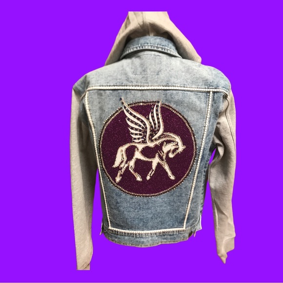 Pamynthia Designs Jackets & Blazers - Pegasus Embellished Jean Jacket Hooded Sweatshirt